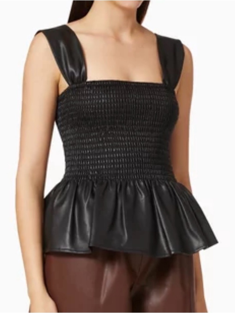 LUCY PARIS Black Peplum Vegan Leather Smocked Tank Top Size XS. NWOT